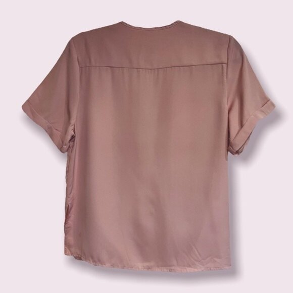 Short Sleeve Blouse Blush Rose Pink Flowy Chiffon V Neck Cute Womens Size Small - Picture 2 of 5